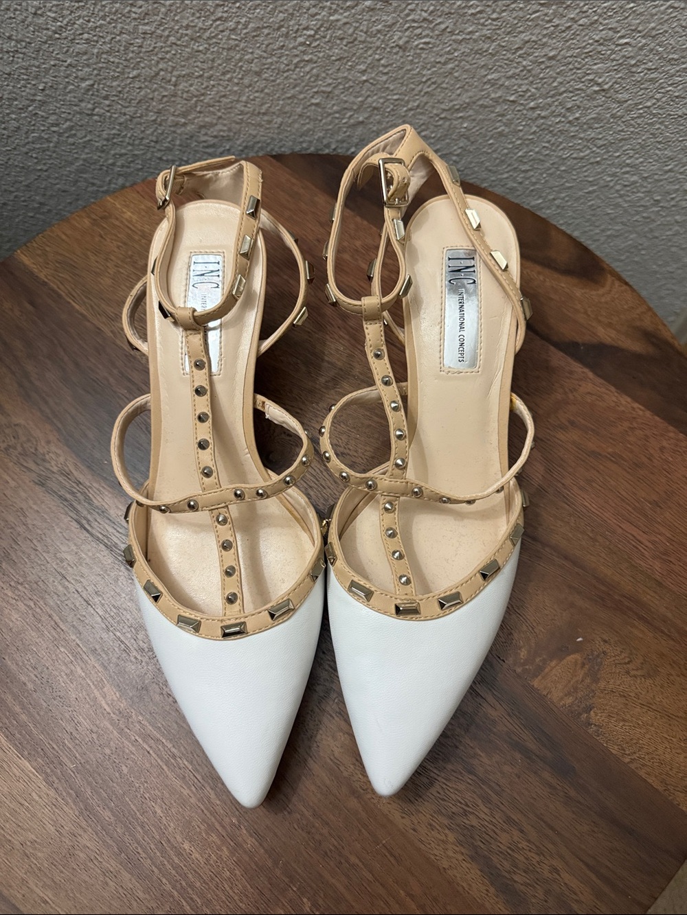 INC International Concepts White and Tan Studded Pointed-Toe Strappy Heels